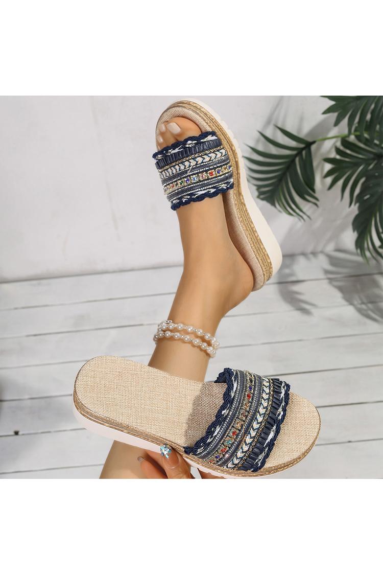 Kolorowe klapki na koturnie z ozdobą z kryształków, z okrągłym noskiem i wzorem patchworkowym, casualowe