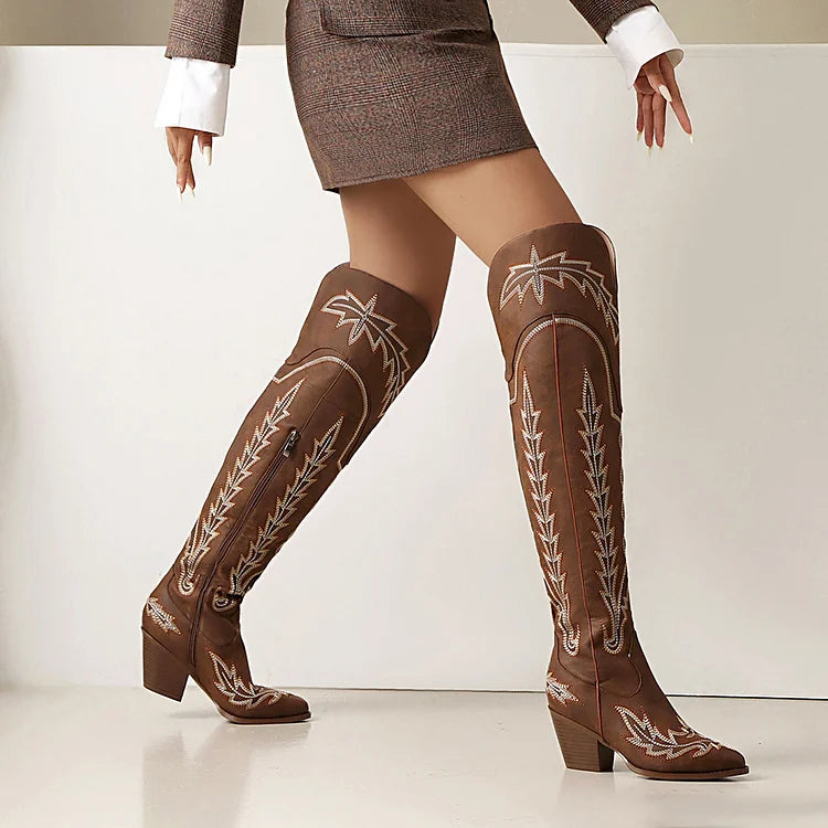 Embroidery V Cut Zipper Pointed Toe Chunky Heel Over The Knee Boots