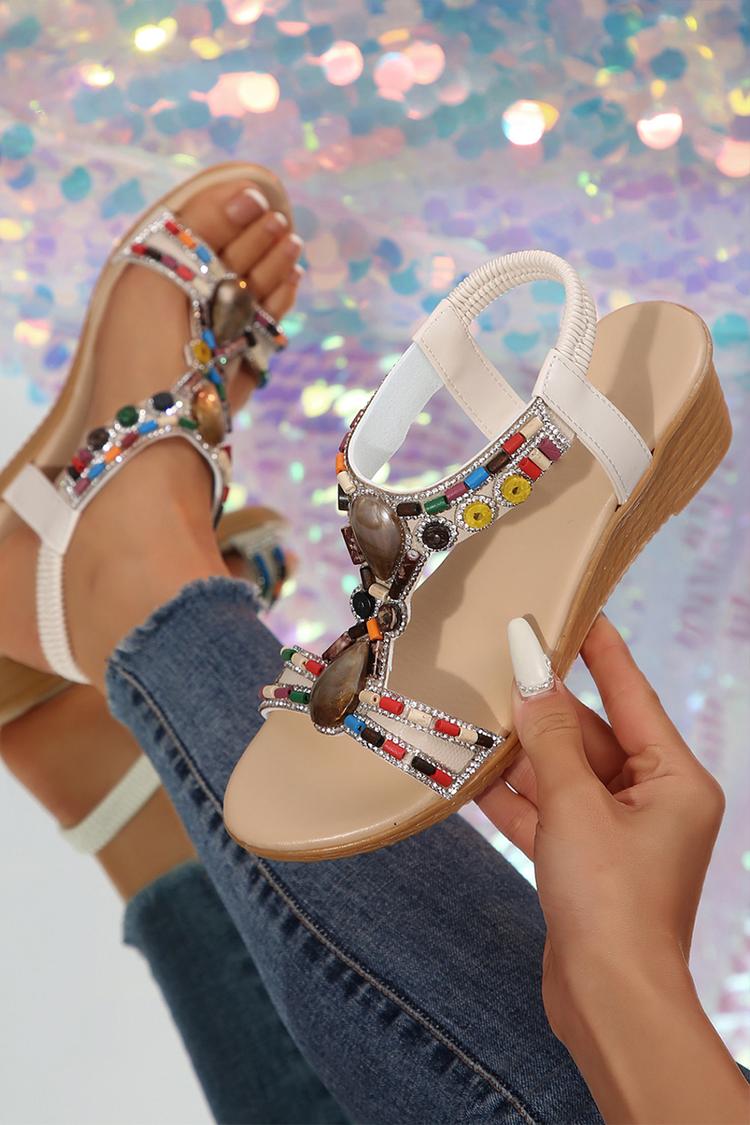Multicolor Beads Rhinestone Decor Round Toe Boho Style Wedge Sandals