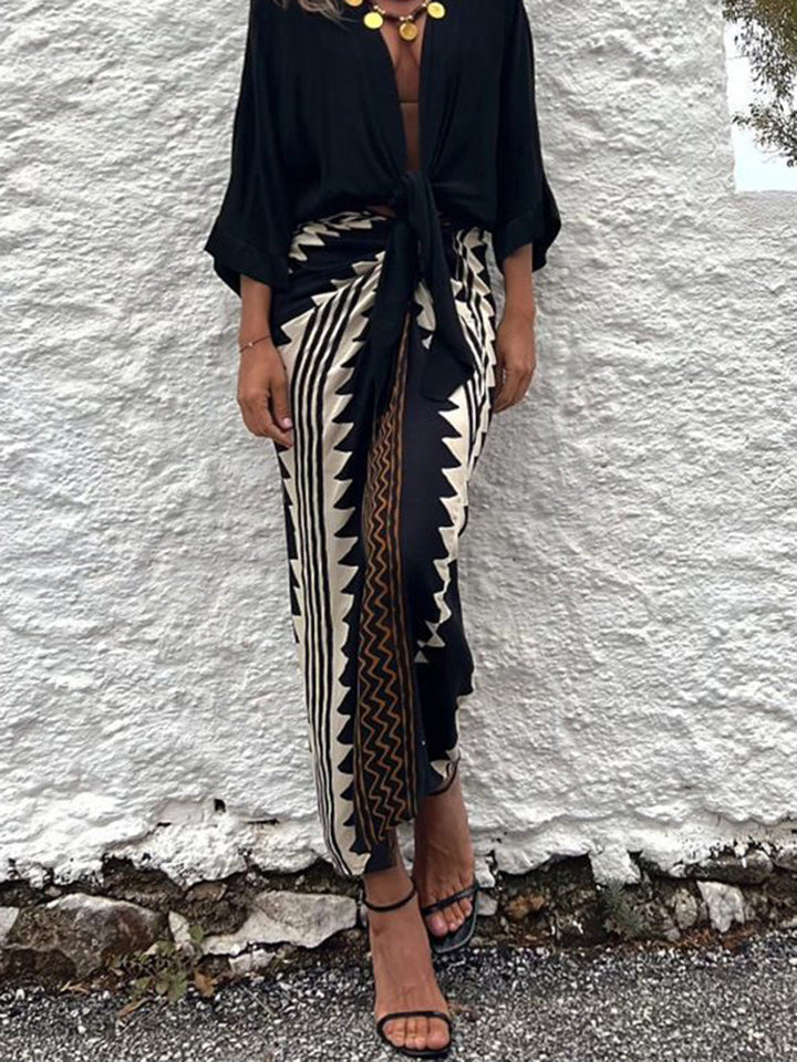 Astra Ethnic Print High Waist Ruched Wrap Maxi Skirt