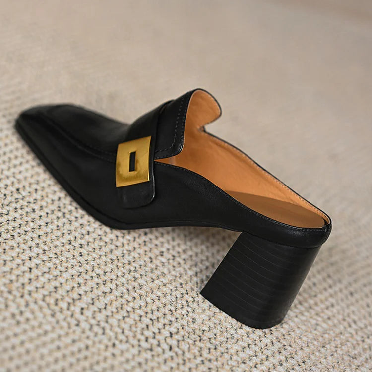 Patchwork Metal Buckle Decor Square Toe Slip On Mules Heels