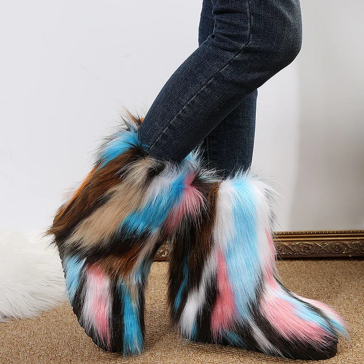 Multicolor Faux Fur Round Toe Low Platform Pull On Snow Boots