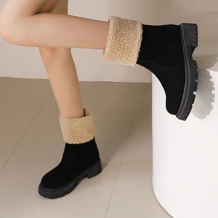 Patchwork Fluffy Trim Round Toe Chunky Heel Pull On Snow Boots