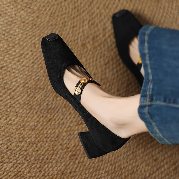 Catena con moneta in metallo, cinturino sul collo del piede, patchwork, punta quadrata, tacco spesso