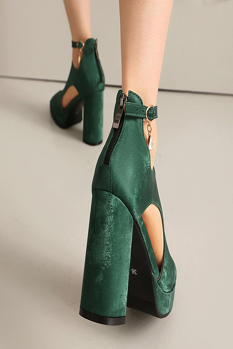 Scarpe con tacco grosso, punta aperta, fibbia, cerniera e cinturino alla caviglia in tinta unita