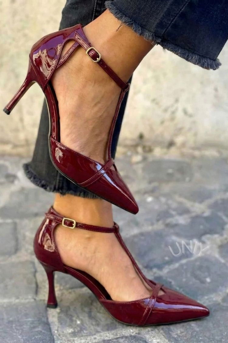 Elegant Burgundy Pointed Toe Cutout Ankle Strap High Heels [Pre Order]
