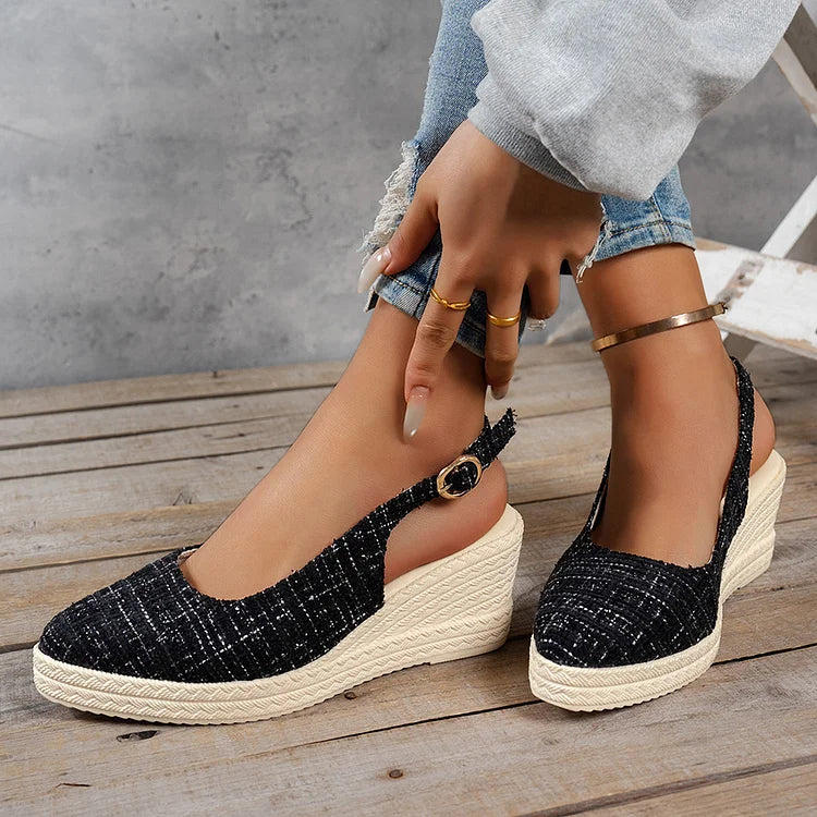 Raw Trim Pointed Toe Slingback Strap Buckle Wedge Sandals