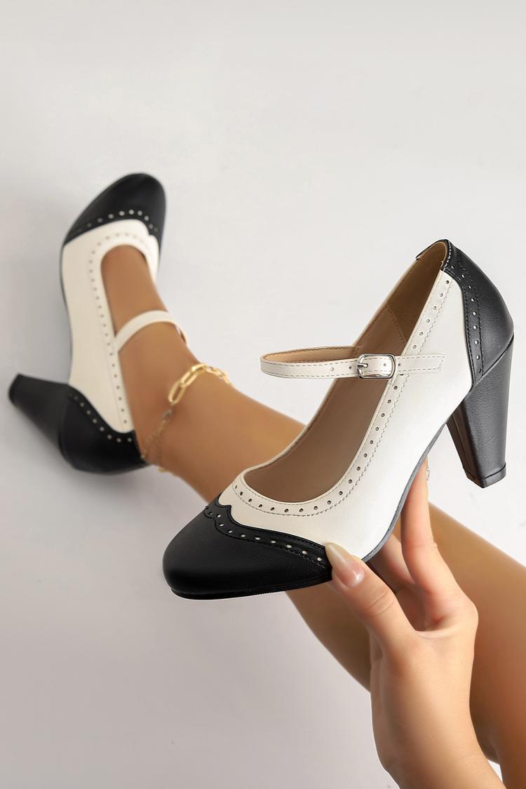 Instep Strap Buckle Colorblock Round Toe Elegant Chunky Heels