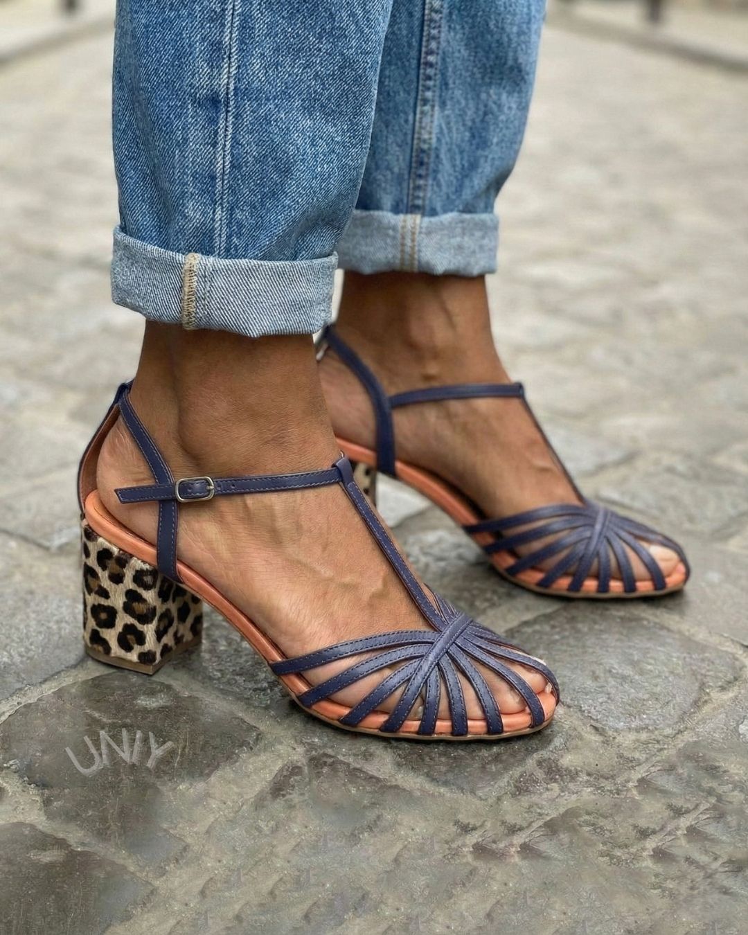 Navy Woven Strappy T-Strap Leopard Print Block Heel Sandals [Pre Order]