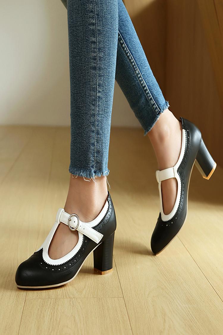 Colorblock T-Strap Buckle Round Toe Elegant Chunky Heels