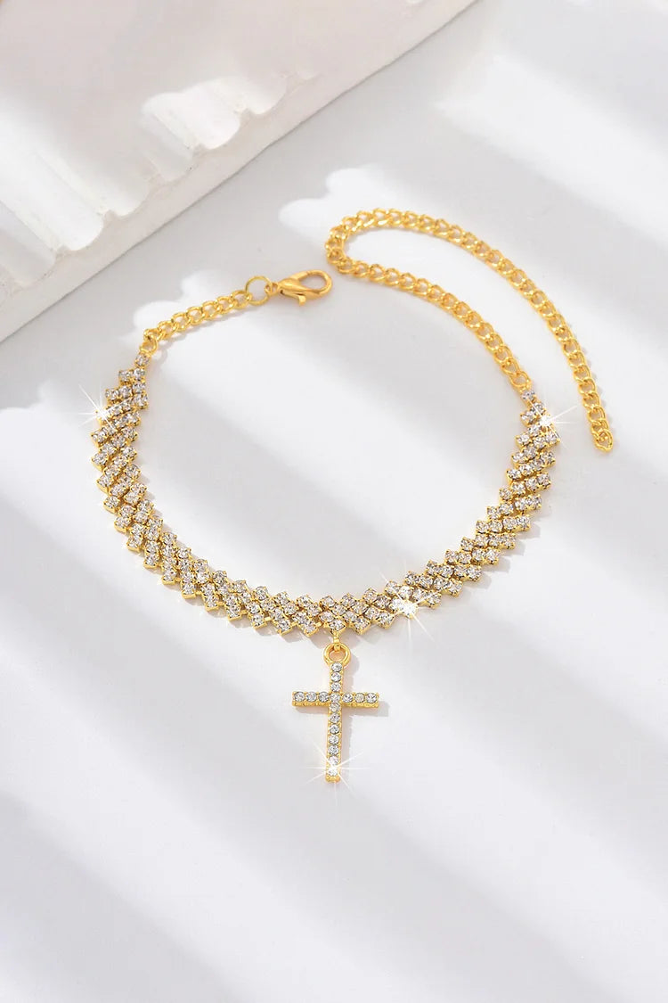 Cavigliera alla moda in lega con ciondolo a croce con decorazione in strass 