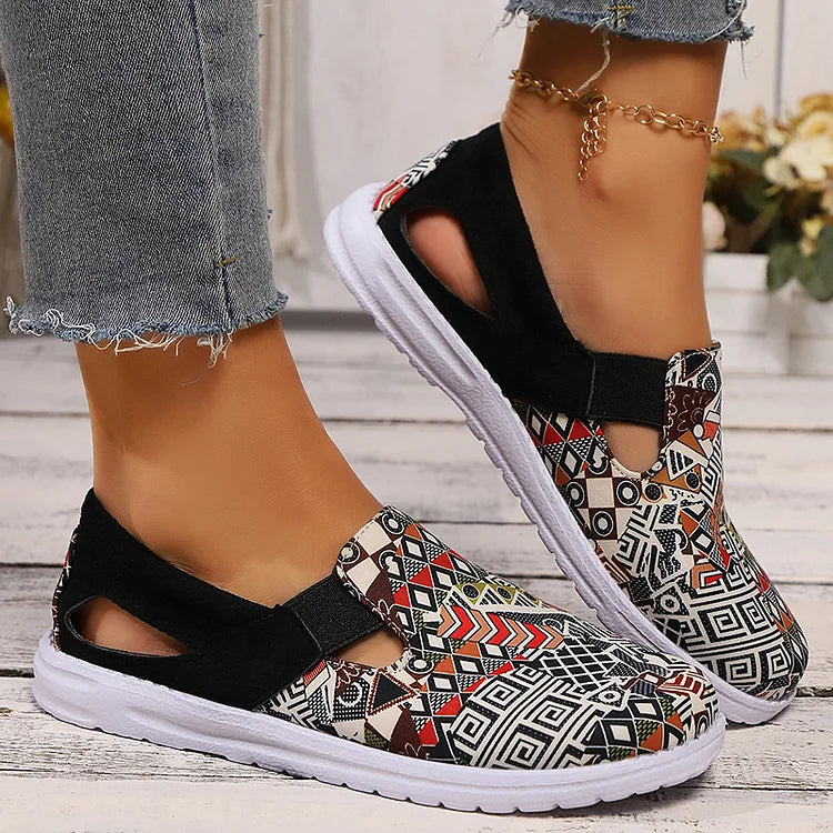 Ethnic Geo Pattern Print Cut Out Square Toe Slip On Loafers