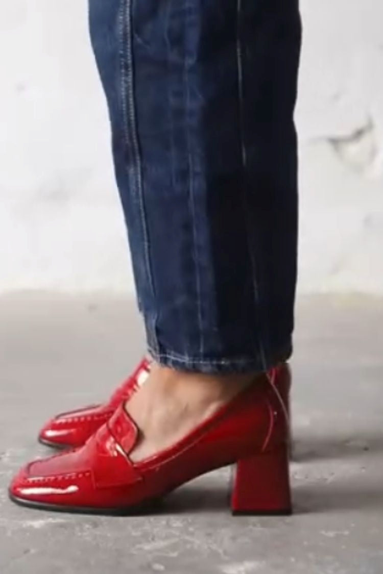Talons carrés rouges polyvalents confortables en patchwork verni [Précommande]