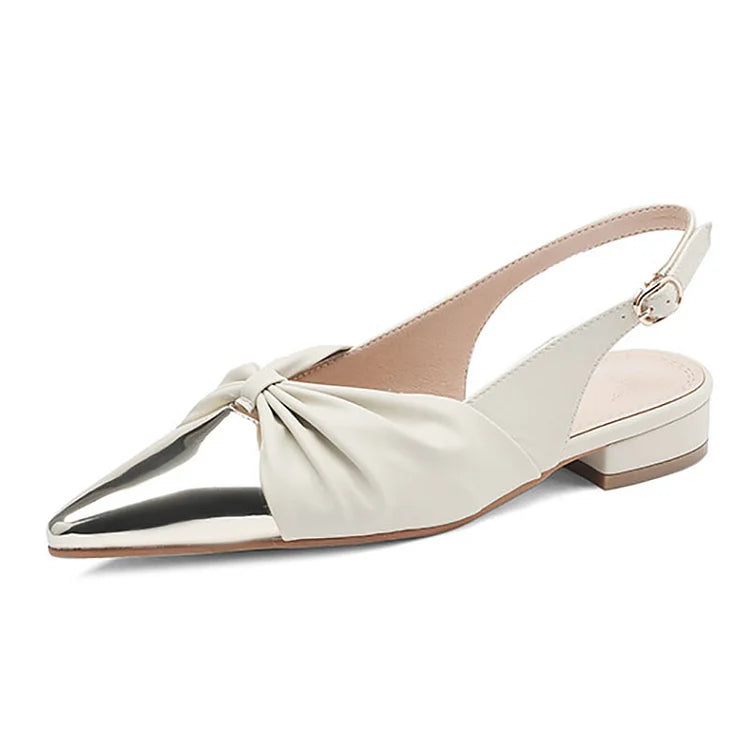 Bow Metallic Sheen Stitching Slingback Pointy Toe Flats