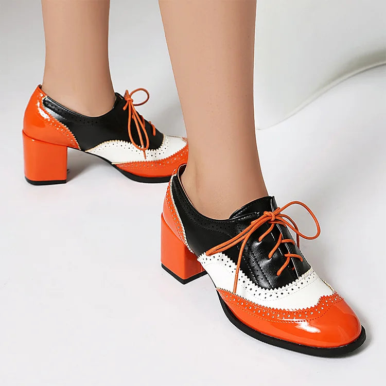 Scarpe Oxford Brogue con Tacco Grosso e Lacci, Punta Rotonda e Patchwork Color Block 