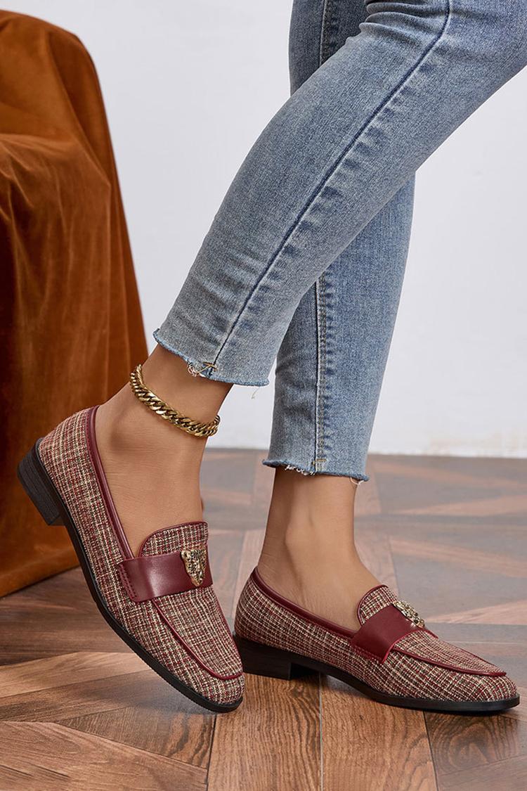 Metall Leopard Kopf Dekor Patchwork Quadratische Zehe Freizeit Slipper