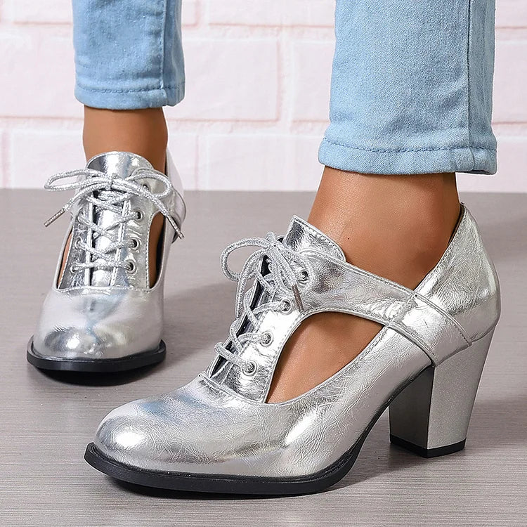 Metallic Sheen Cut Out Lace Up Plain Sandals Chunky Heels