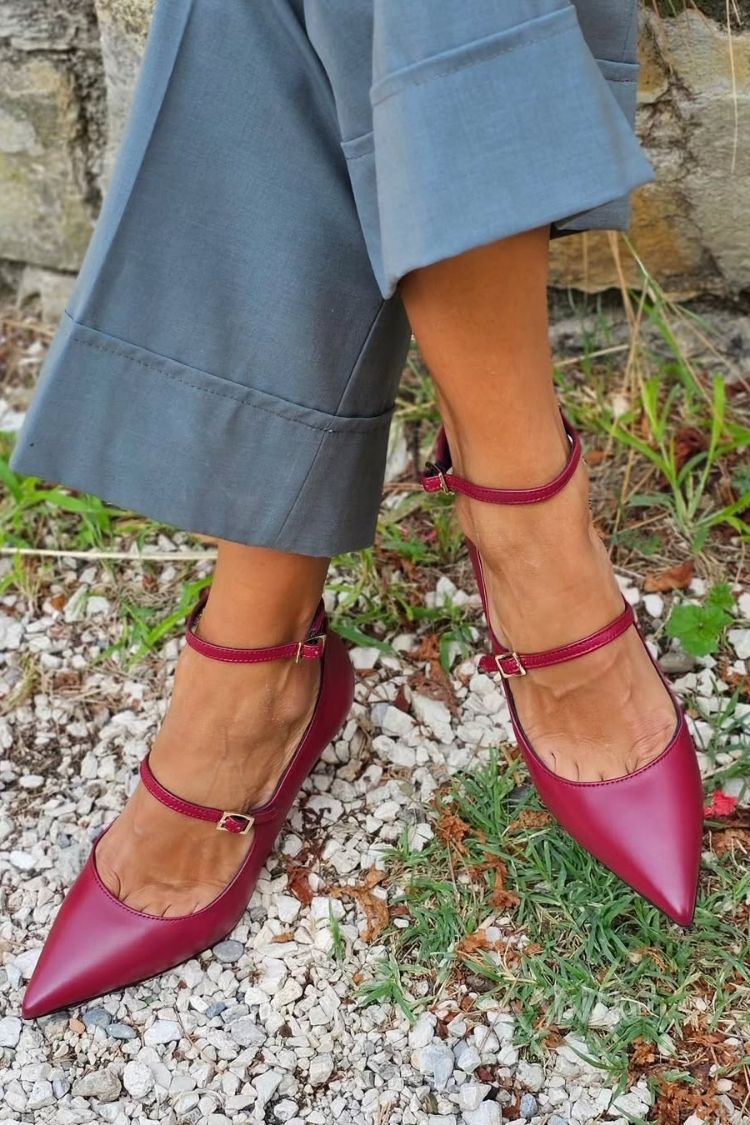 Burgundy Pointed Toe Double Strap Stiletto Heels [Pre Order]