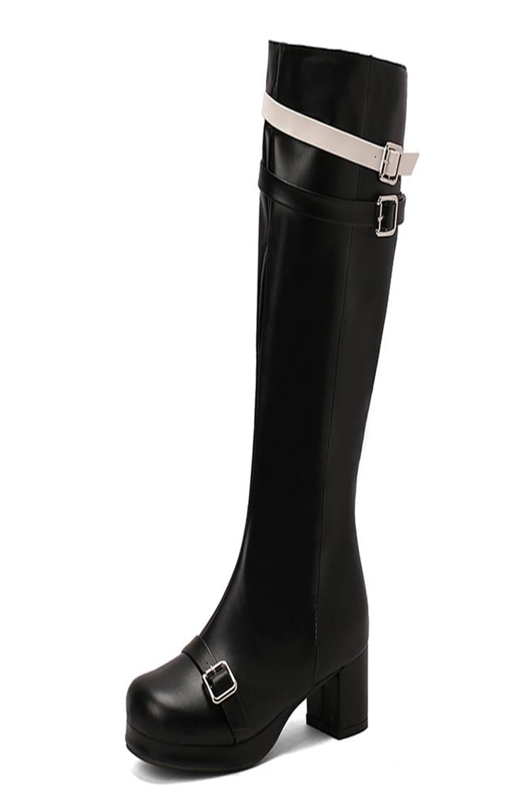 Stivali alti al ginocchio con punta quadrata, fibbia colorblock, cerniera e cinturino