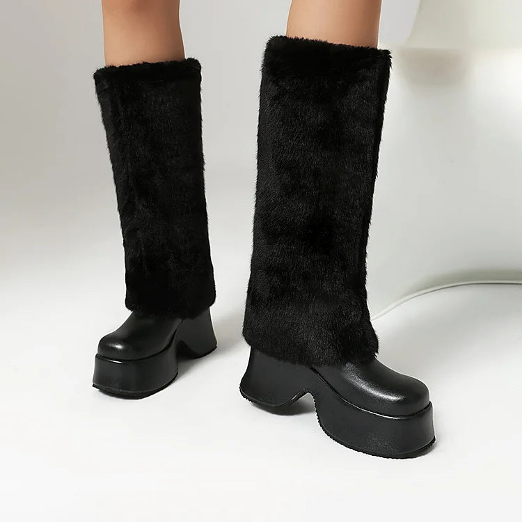 Faux Fur Trim Round Toe Chunky Heel Platform Long Boots