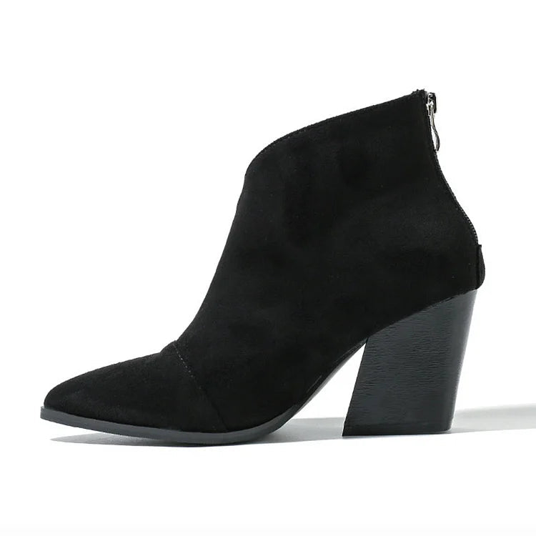 V Cut Pointed Toe Chunky Heels Plain Ankle Boots