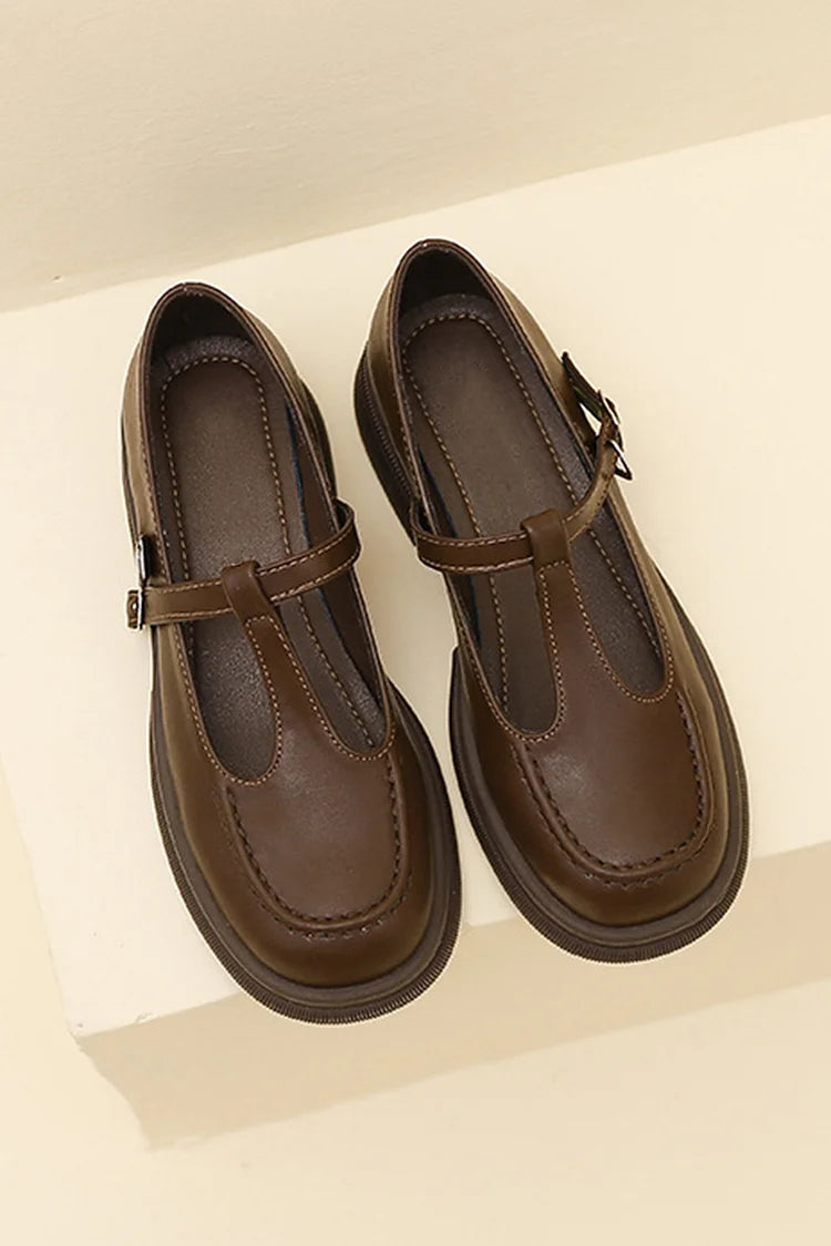 T-Strap Buckle Round Toe Stitch Detail Casual Loafers