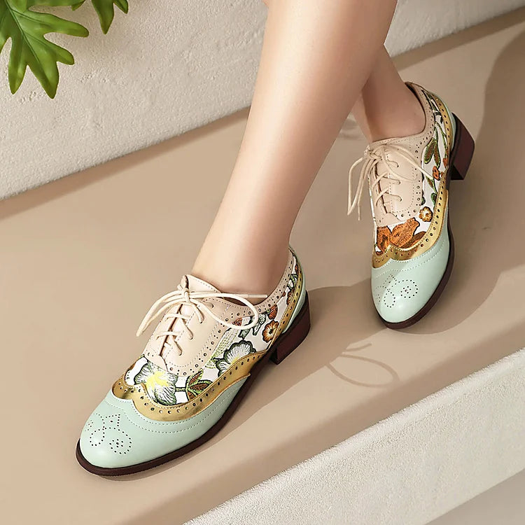 Floral Print Colorblock Patchwork Rundspitze Schnür-Brogue Oxfords