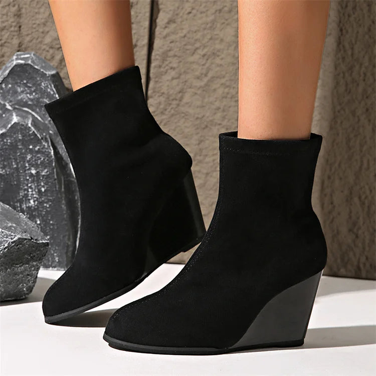 Solid Color Round Toe Wedge Heel Pull On Ankle Boots