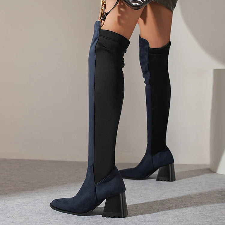 Colorblock Irregular Edge Pointed Toe Chunky Heel Over The Knee Boots