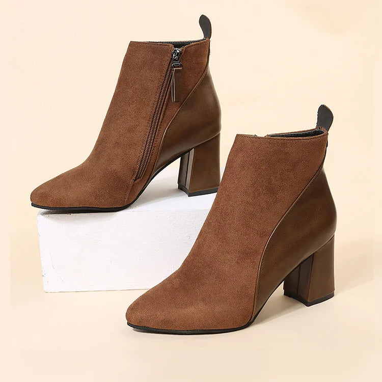 Patchwork Pointed Toe Chunky Heel Zipper Ankle Boots