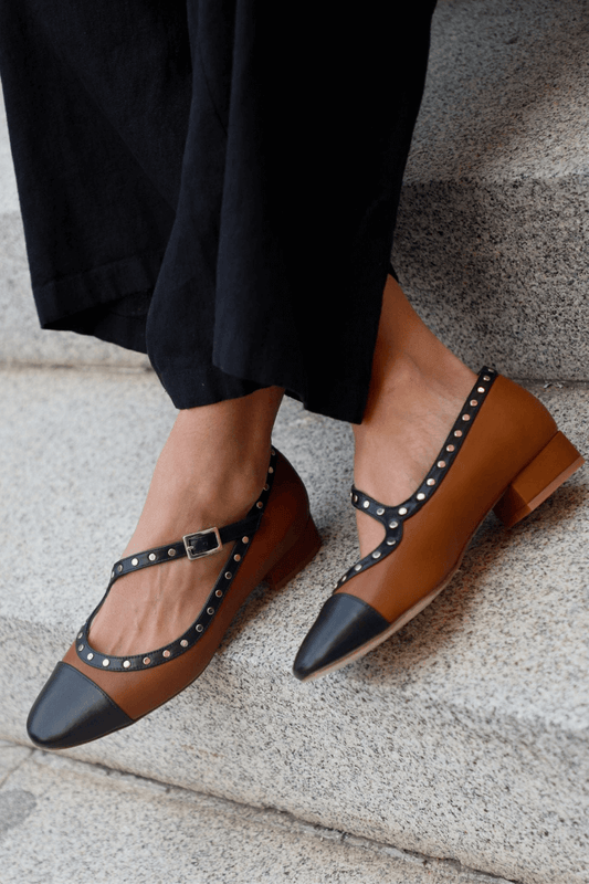 Two-Tone Riveted Cross Strap Block Heels