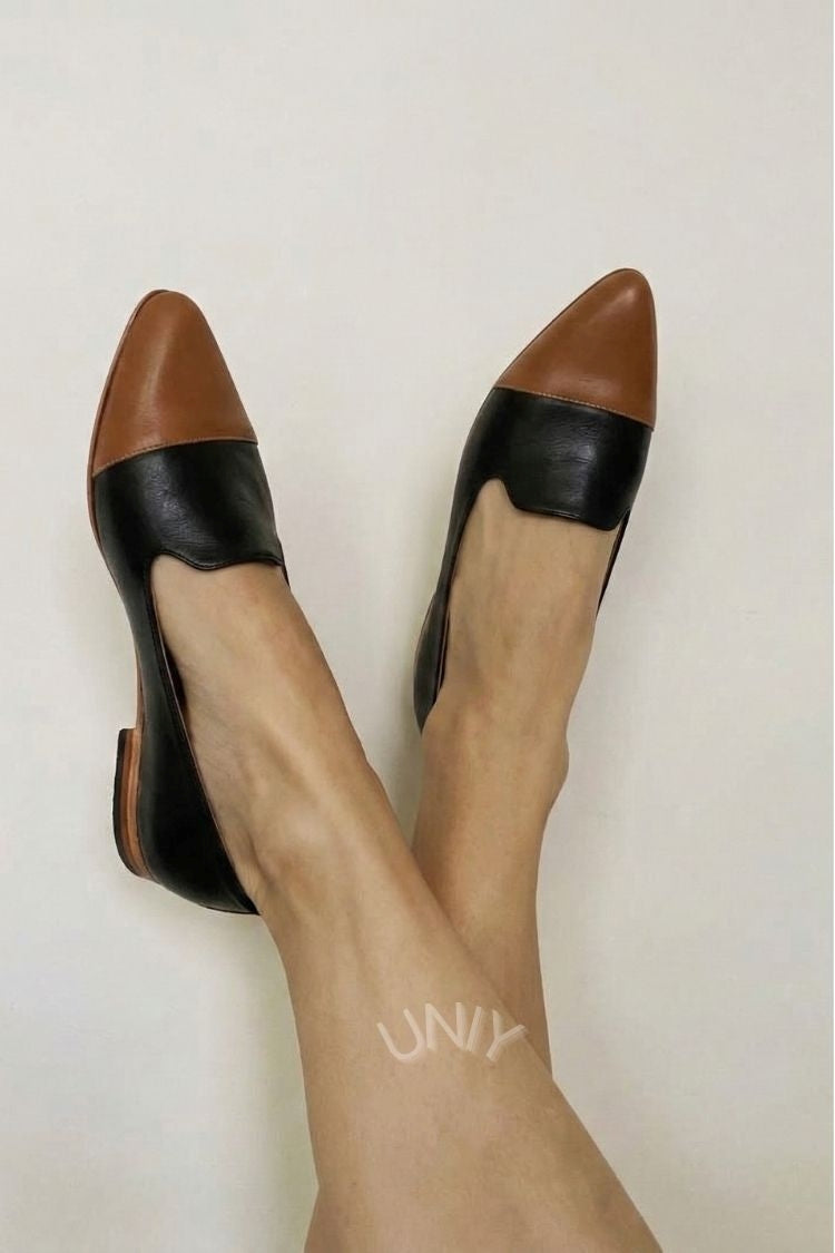 Vintage fargeblokk lærloafers med spiss kapptå [Forhåndsbestilling]