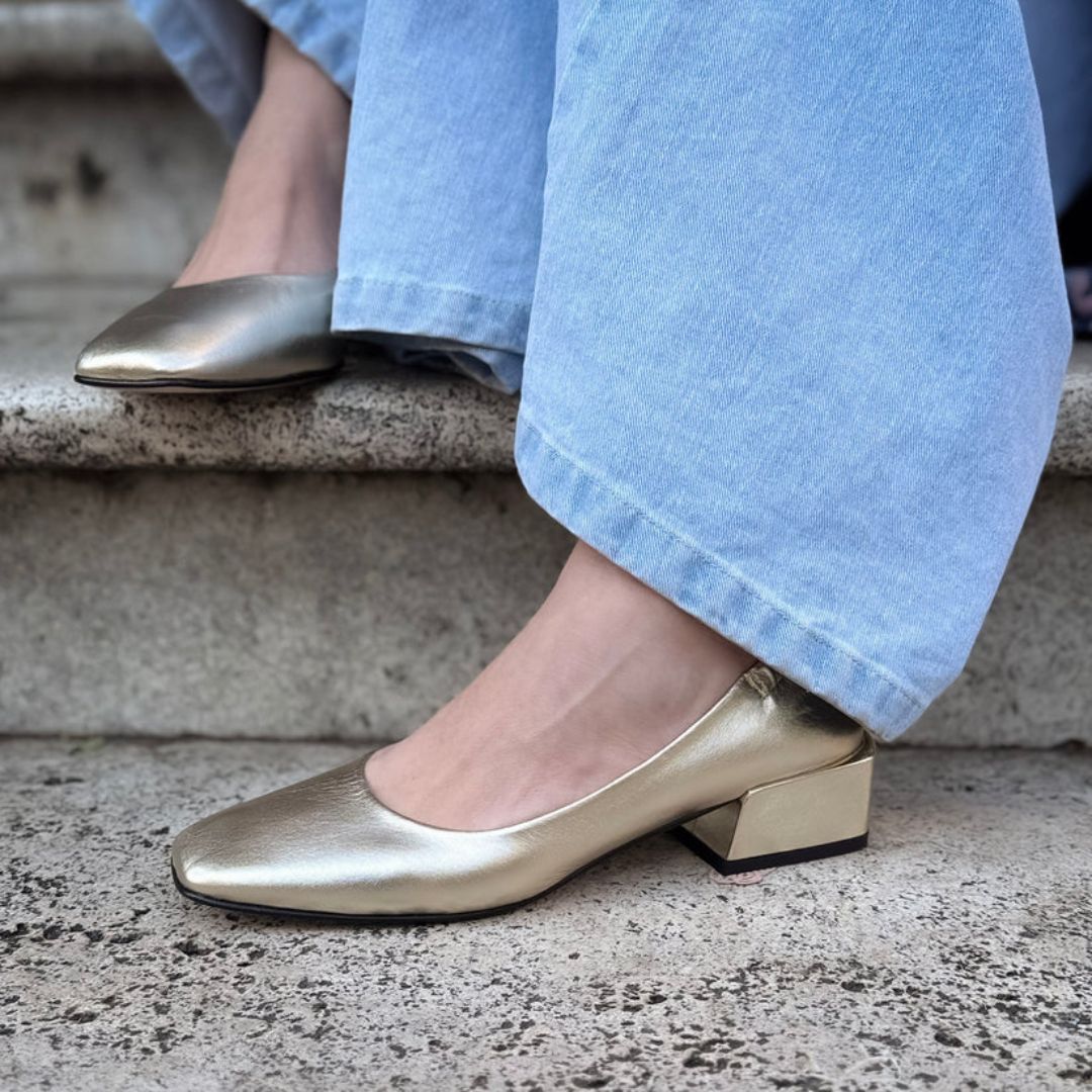 Vintage Metallic Gold Square Toe Low Block Heel Pumps [Pre Order]