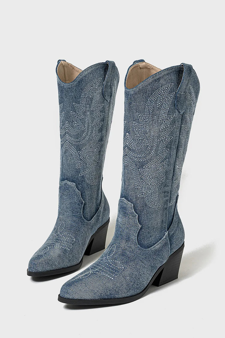 Embroidery Patchwork Pointed Toe Chunky Heel Denim Mid Calf Boots