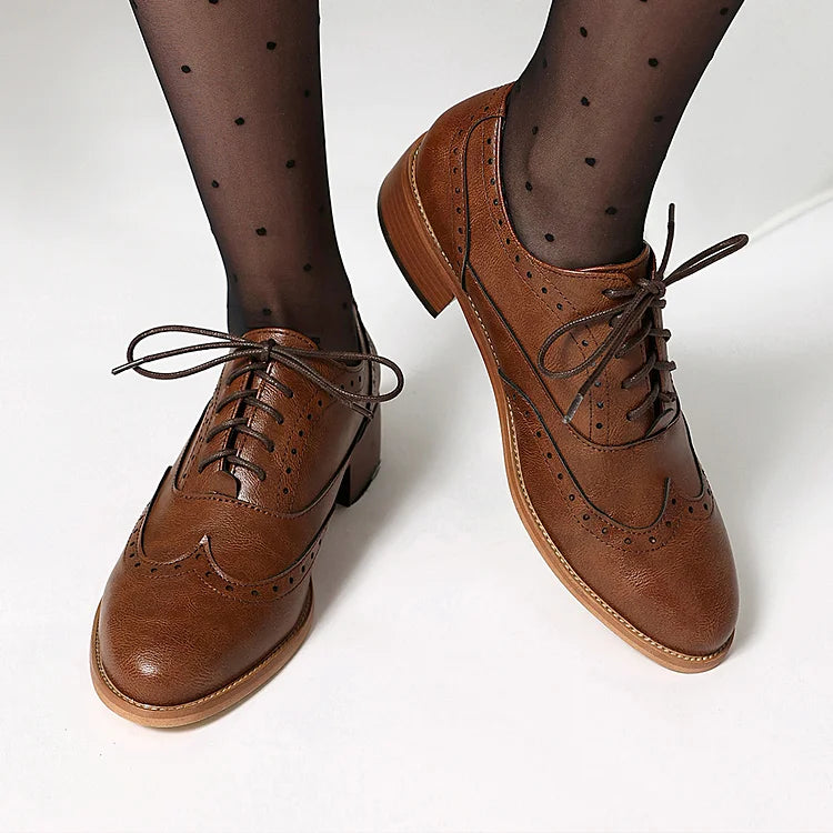 Patchwork Solid Color Round Toe Low Block Heel Lace Up Brogue Oxfords