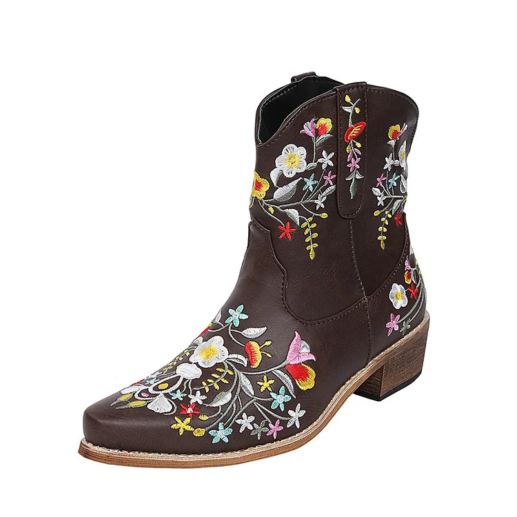 Floral Embroidery Pointed Toe Patchwork Chunky Heel Cowgirl Boots