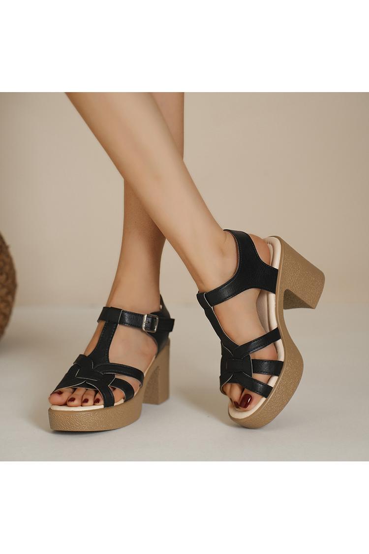 Sandali con tacco, punta tonda e fibbia, tinta unita, cinturino a T