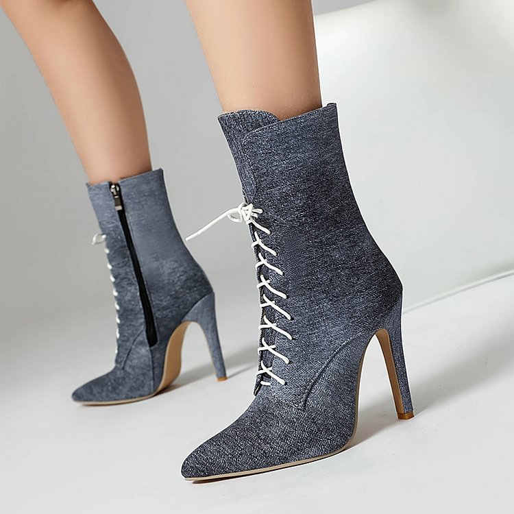 Denim-Stiefel mit Farbverlauf, spitzer Zehenbereich, Stiletto-Absatz, Schnürstiefel bis zur Mitte der Wade