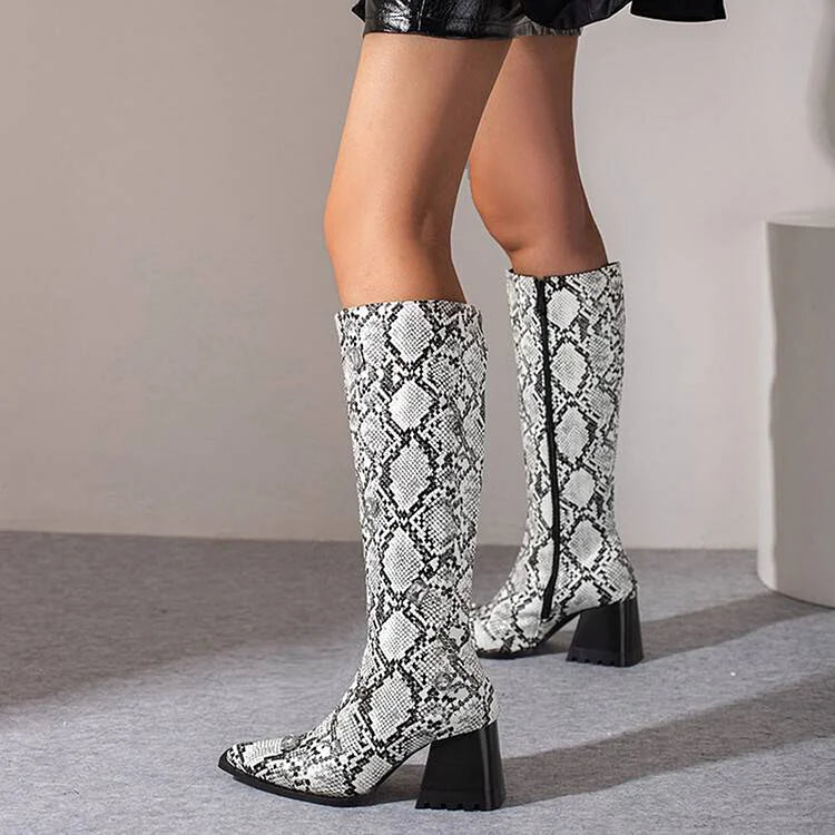 Snake Print Rhinestone Decor Pointed Toe Chunky Heel Knee High Boots