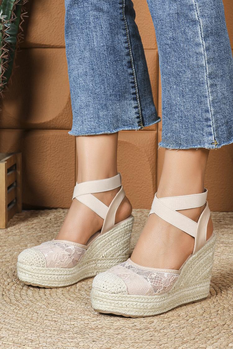 Sandali casual con zeppa, punta rotonda, cinturino incrociato e patchwork in pizzo 