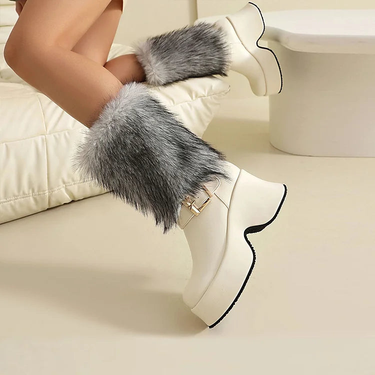 Strap Buckle Decor Faux Fur Round Toe Chunky Heel Platform Mid Boots