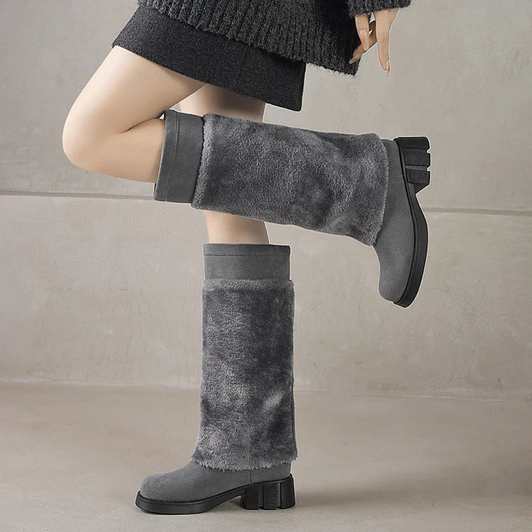 Fluffy Trim Patchwork Round Toe Chunky Heel Pull On Long Boots