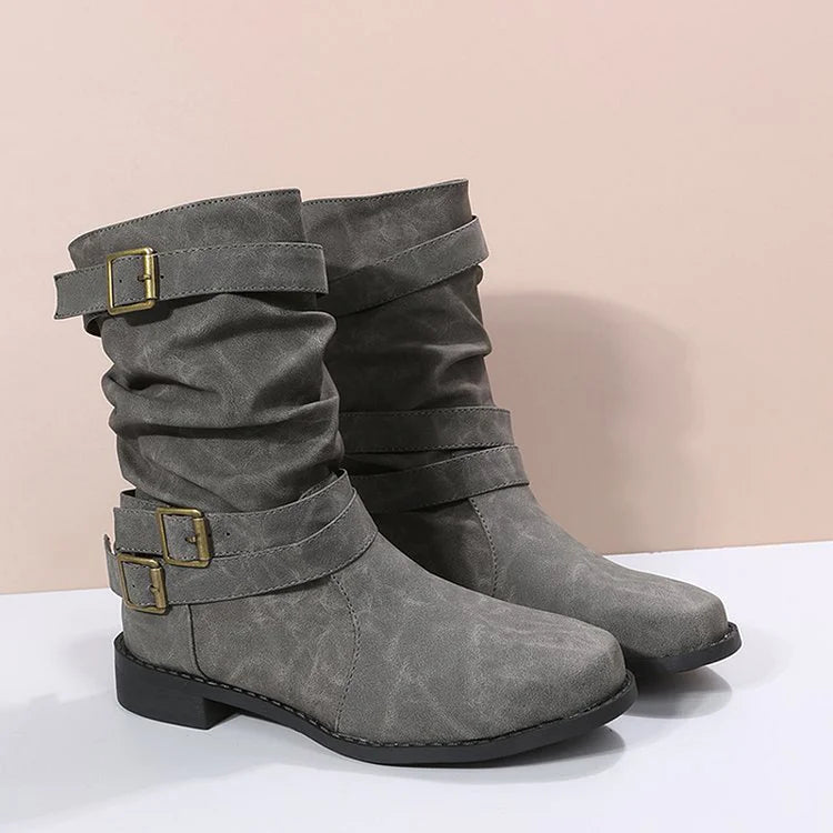 Einfarbige mittelhohe Stiefel mit mehreren Riemen und Schnallen im Patchwork-Stil und runder Zehenpartie