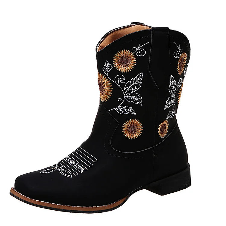 Sunflower Embroidery Stitch Detail Square Toe Cowgirl Boots