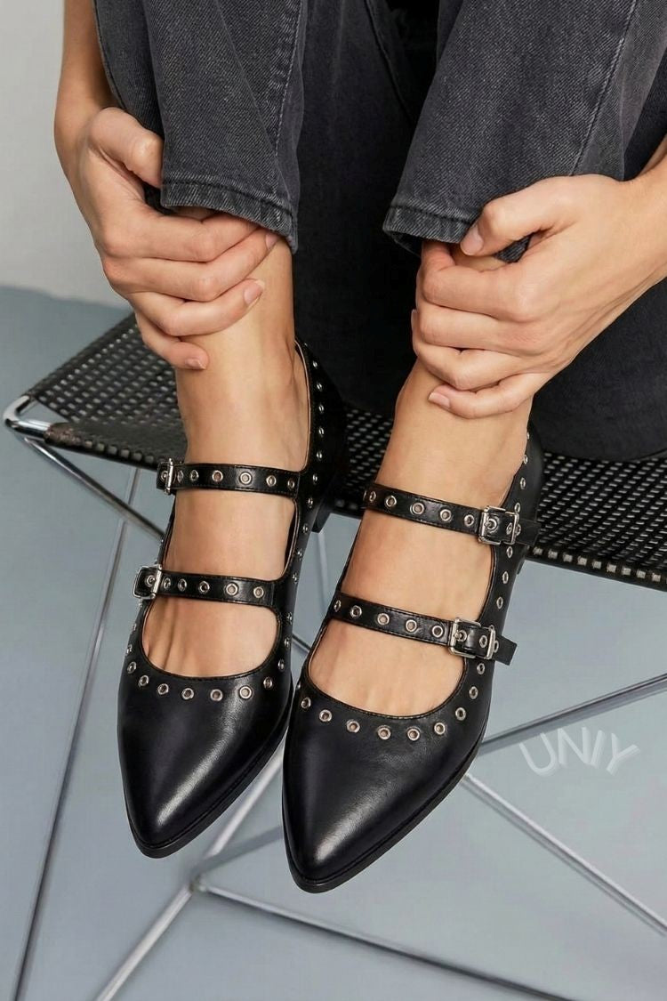 Ballerine con cinturino e fibbia in pelle nera retrò con borchie [Pre-ordine] 