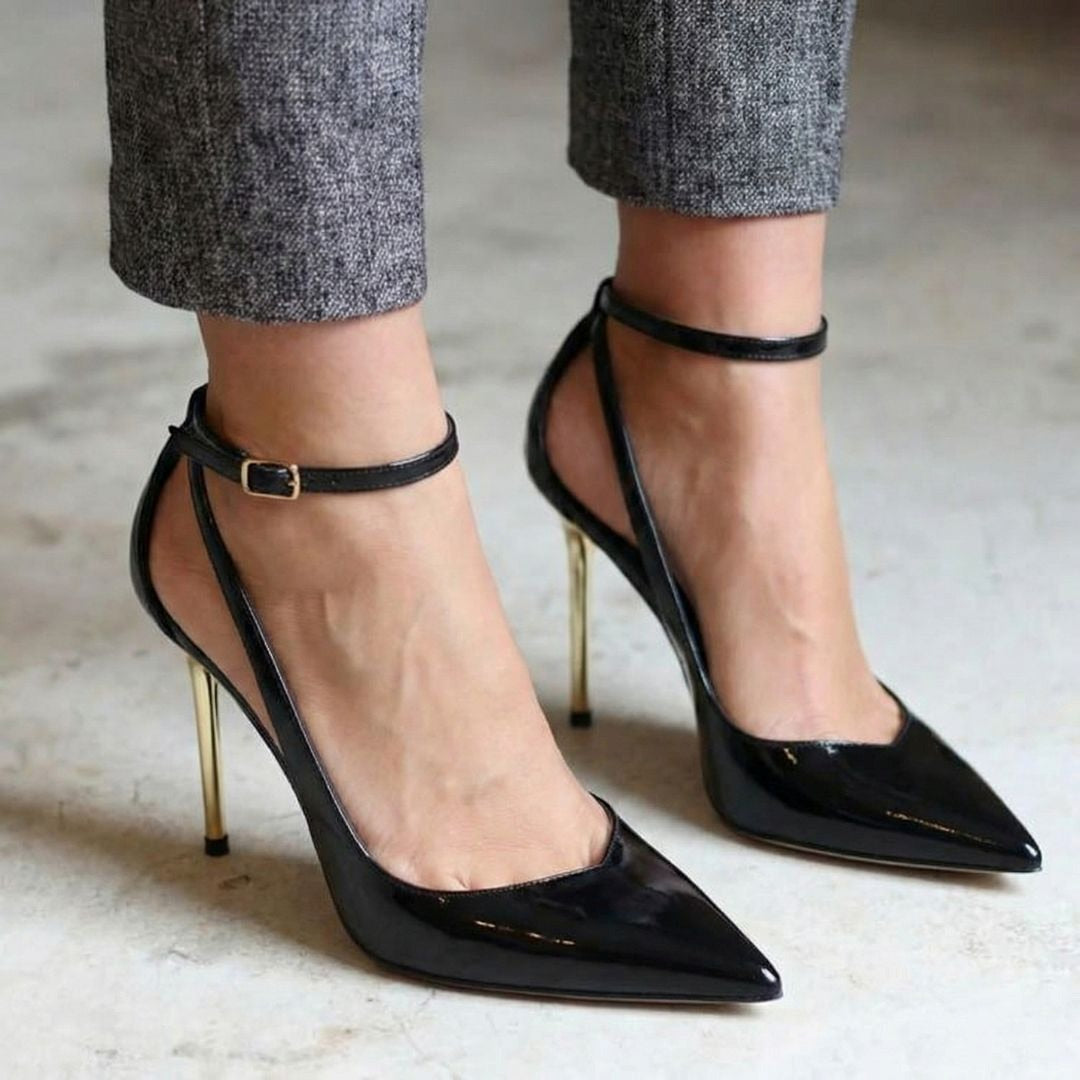 Chic Black Pointed Toe D'Orsay Ankle Strap Stiletto Heels [Pre Order]