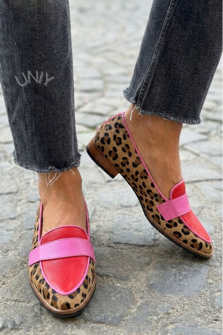 Retro luipaard rood roze colorblock puntige loafers [Pre Order]