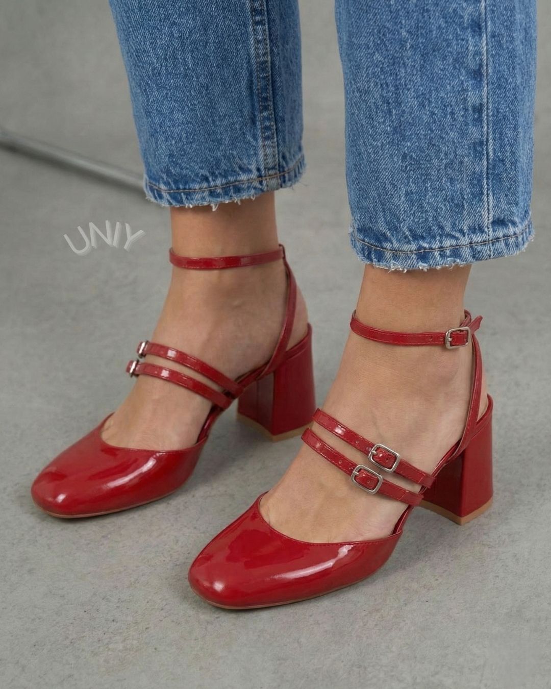 Red Patent Leather Triple Strap Block Heel Mary Jane Pumps [Pre Order]