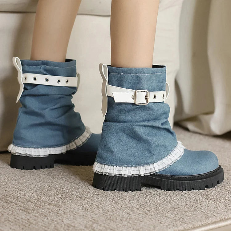 Colorblock Strap Buckle Lace Patchwork Fold Over Round Toe Ankle Boots