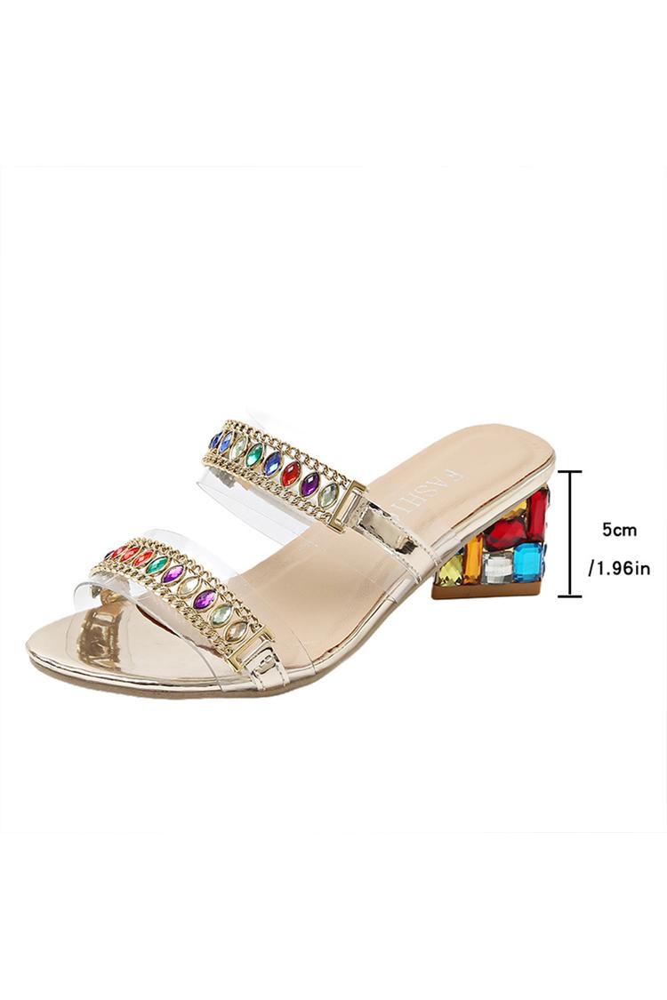 Multicolor Rhinestone Chain Decor Round Toe Casual Chunky Heels